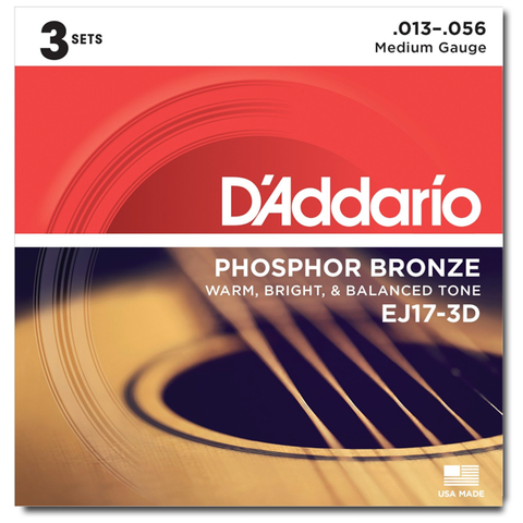 D'Addario EJ17-3D Phosphor Bronze Acoustic Strings, Medium - 3 Sets