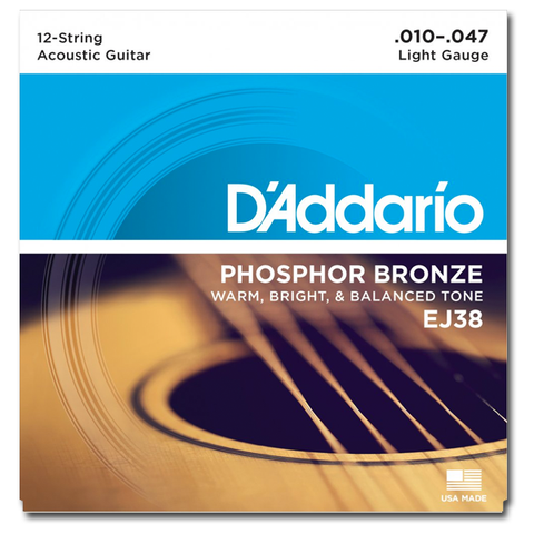 D'Addario EJ38 12-String Phosphor Bronze Light Acoustic Guitar Strings, Light