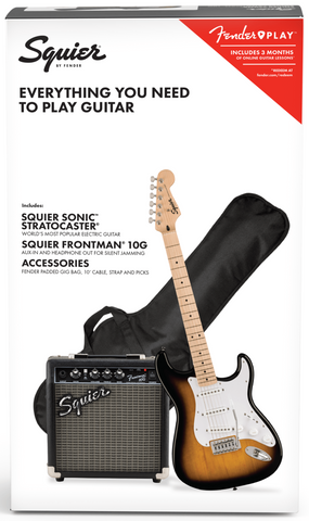 Squier Sonic Stratocaster Starter Pack with Frontman 10G Amp, Gig Bag & Accessories, Brown Sunburst
