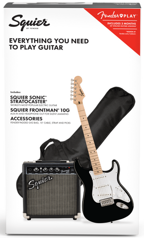 Squier Sonic Stratocaster Starter Pack with Frontman 10G Amp, Gig Bag & Accessories, Black