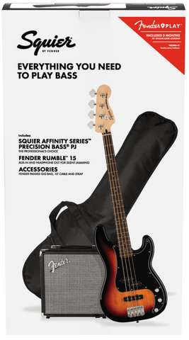 Squier Affinity PJ Bass Pack w/Rumble 15, Gig Bag - 3-Colour Sunburst