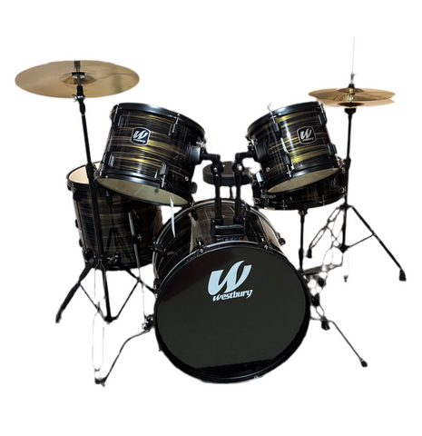 Westbury 400 Series 5-Piece Studio Drum Kit w/ Hardware, Cymbals & Throne, Black Wood Grain