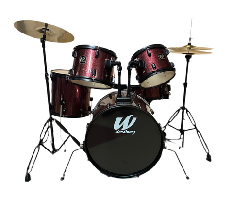 Westbury 400 Series 5-Piece Studio Drum Kit w/ Hardware, Cymbals & Throne, Ruby Red Sparkle