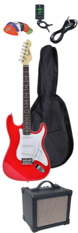 Electric Guitar Package w/ Guitar, Amp, Cable, Bag, Tuner & Picks - Red