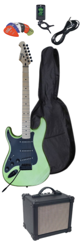 Electric Guitar Package w/ Guitar, Amp, Cable, Bag, Tuner & Picks (Left Handed) - Green
