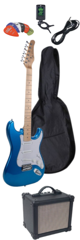 Electric Guitar Package w/ Guitar, Amp, Cable, Bag, Tuner & Picks - Metallic Blue