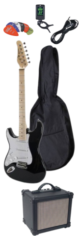 Electric Guitar Package w/ Guitar, Amp, Cable, Bag, Tuner & Picks (Left Hande) - Black