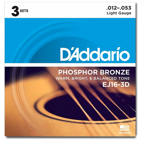 D'Addario EJ16-3D Phosphor Bronze Acoustic Strings, Light - 3 Sets
