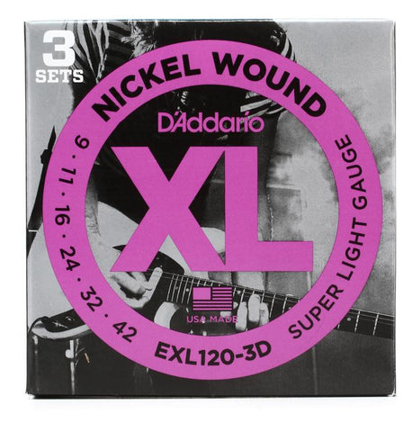 D'Addario EXL120-3D 3-Pack Nickel Electric Guitar Strings, Super