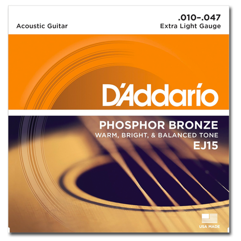 D'Addario EJ15 Phosphor Bronze Acoustic Strings, Extra Light