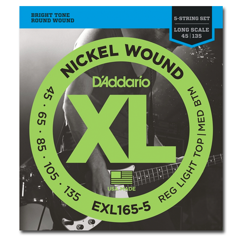 Electric - D'Addario EXL165-5 XL Nickel Round Wound Long Scale 5-String Bass Strings, Light Top / Medium Bottom