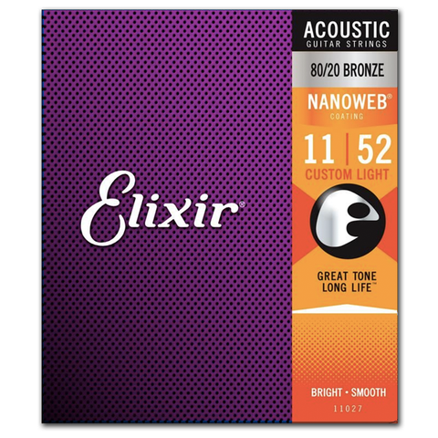 Elixir Strings 11027 Nanoweb 80/20 Bronze Acoustic Guitar Strings, Custom Light