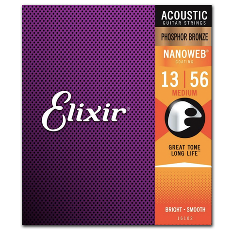 Elixir Strings 16102 Nanoweb Phosphor Bronze Acoustic Guitar Strings, Medium