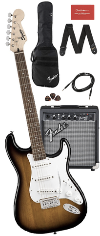 *Squier Stratocaster Starter Pack with Frontman 10G Amp, Gig Bag & Accessories, Brown Sunburst